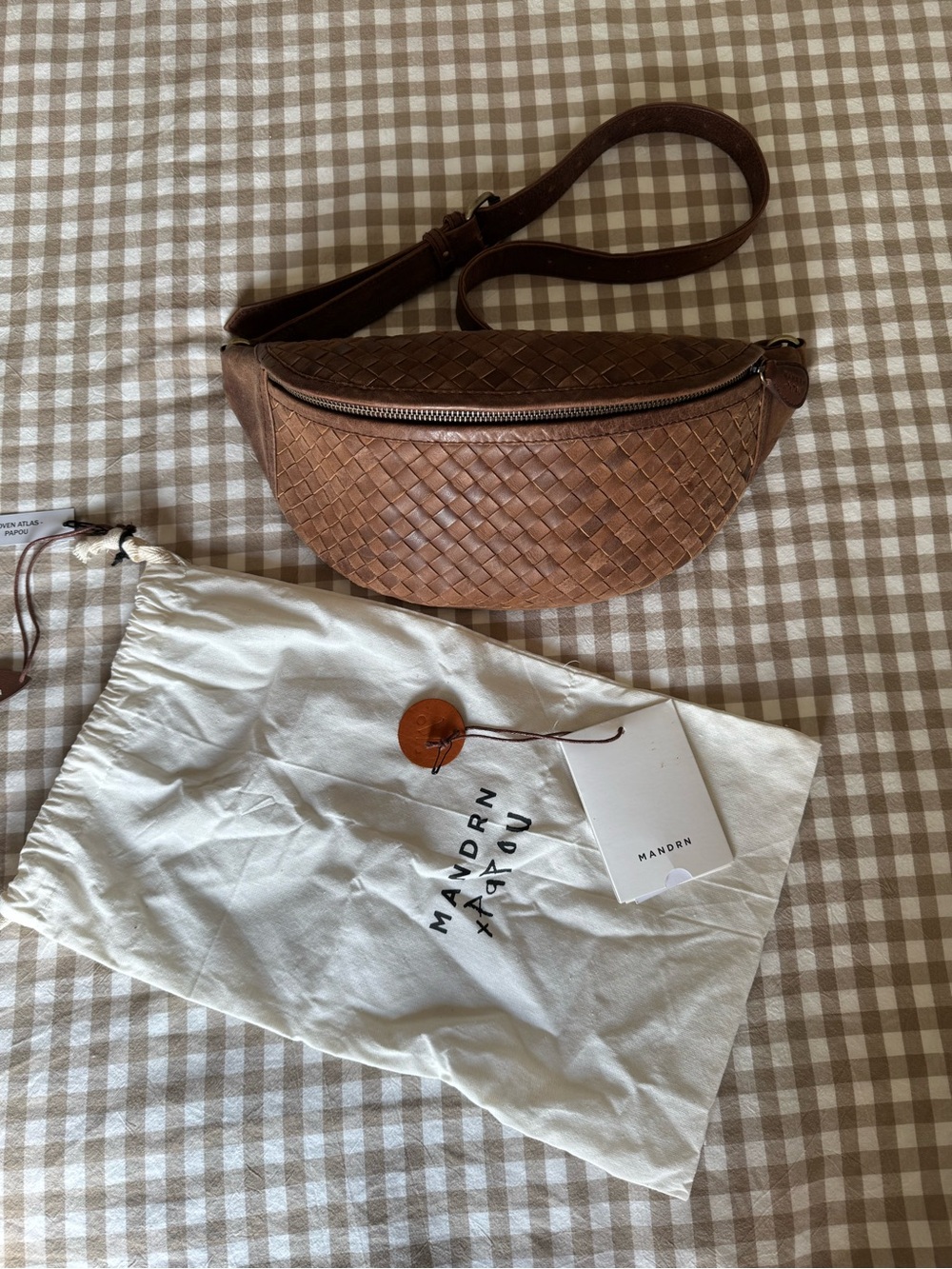 Mandrn x Papou Atlas woven dark saddle leather bag